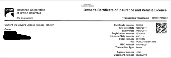 vehicle licence with owner's information blacked out