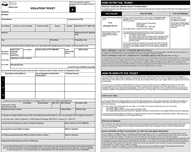 example of an electronic traffic ticket issued to BC drivers