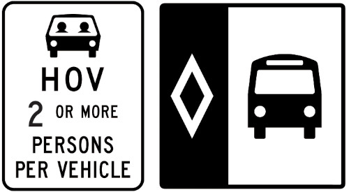 image of signs designating an hov lane and a bus lane